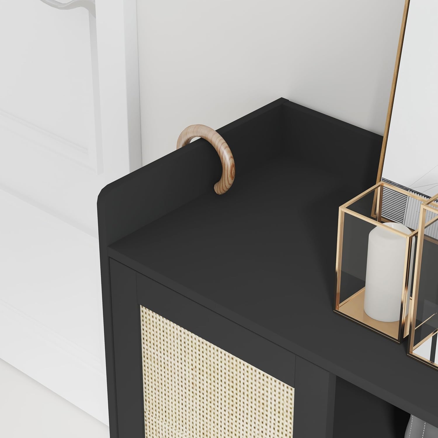 Shoe Rack,Shoe Cabinet,Rattan Shoe Cabinet for Entryway,Shoe Storage Cabinet with Adjustable Shelves,Farmhouse Freestanding Wood Shoe Rack Organizer for Closet,Living Room,Hallway,Black