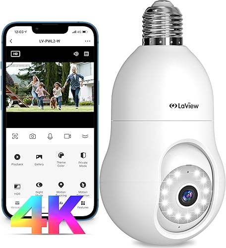 LaView Cámara de seguridad con bombilla UHD de 8 MP de 2.4 GHz, cámaras de seguridad 4K de 360 inalámbricas para exteriores e interiores, a todo
