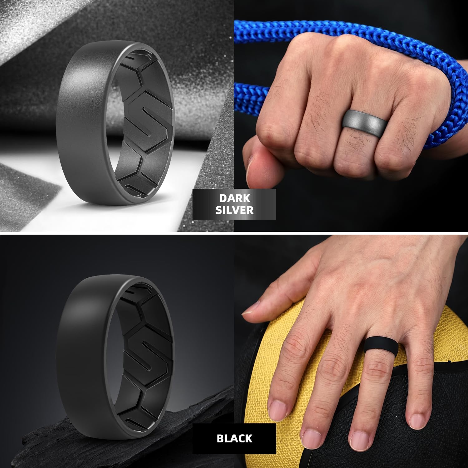 Egnaro Men's Silicone Rings 8mm Wide 2.2mm Thick Rubber Wedding Bands, 1/4/5/6/7 Multipack of Breathable Patent-Pending Design
