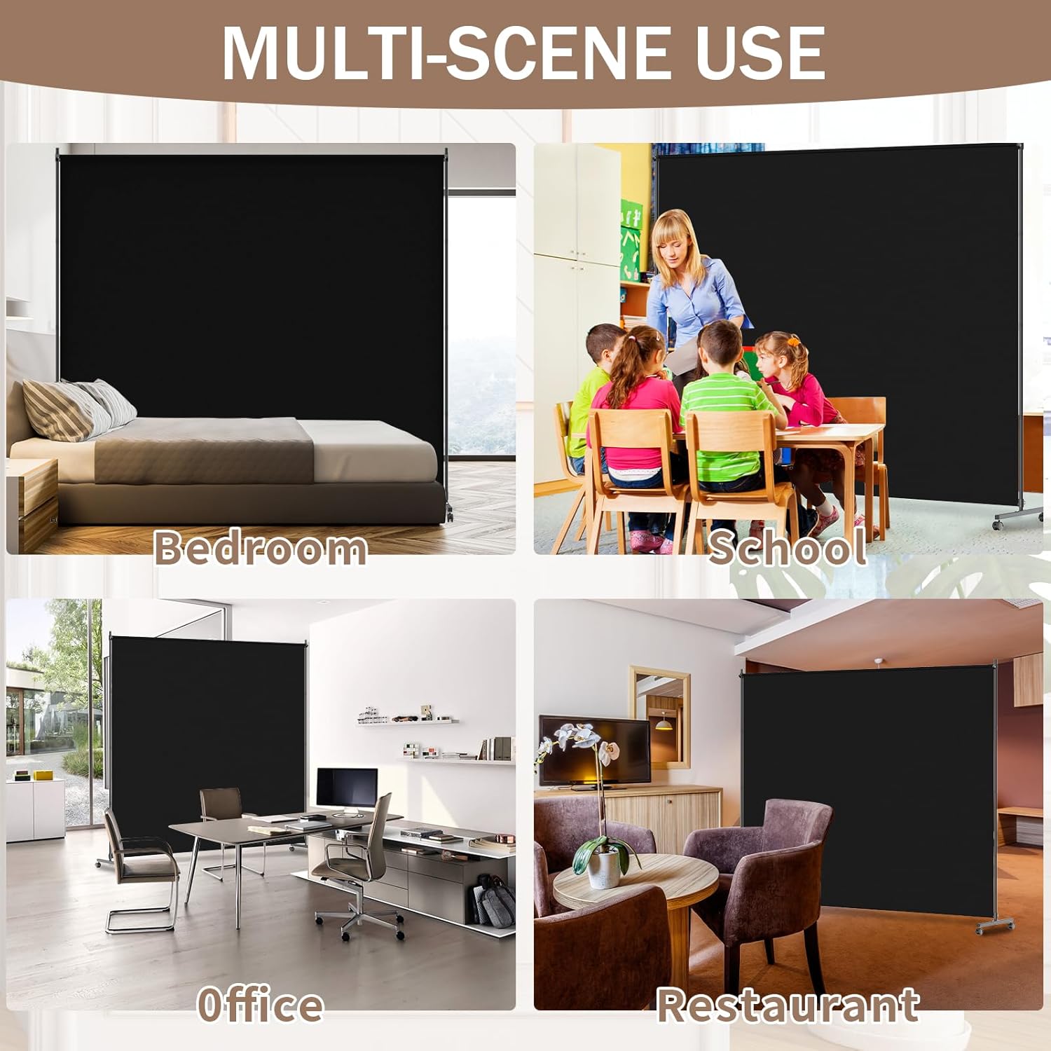 Single Panel Room Divider/Privacy Screen with Caster Wheels and Brakes - Stylish and Versatile Partition for Home,Office,School and Restauran (Black, 6FT*6FT)