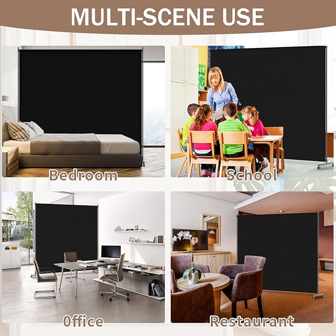 Biombo divisor de ambiente de un panel 6x6 pies, pantalla de privacidad con ruedas y frenos, negro, panel grande 72 x 72 pulgadas, elegante y versátil para hogar, oficina, escuela y restaurante miniatura 6