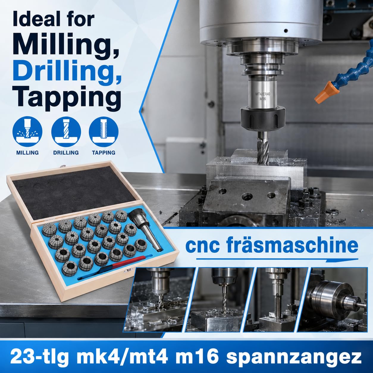 Set di 23 pinze ER40 ad alta precisione con MK4/MT4 M16, in acciaio per fresatrice CNC e tornio, con scatola in legno, argento, nero, rosso