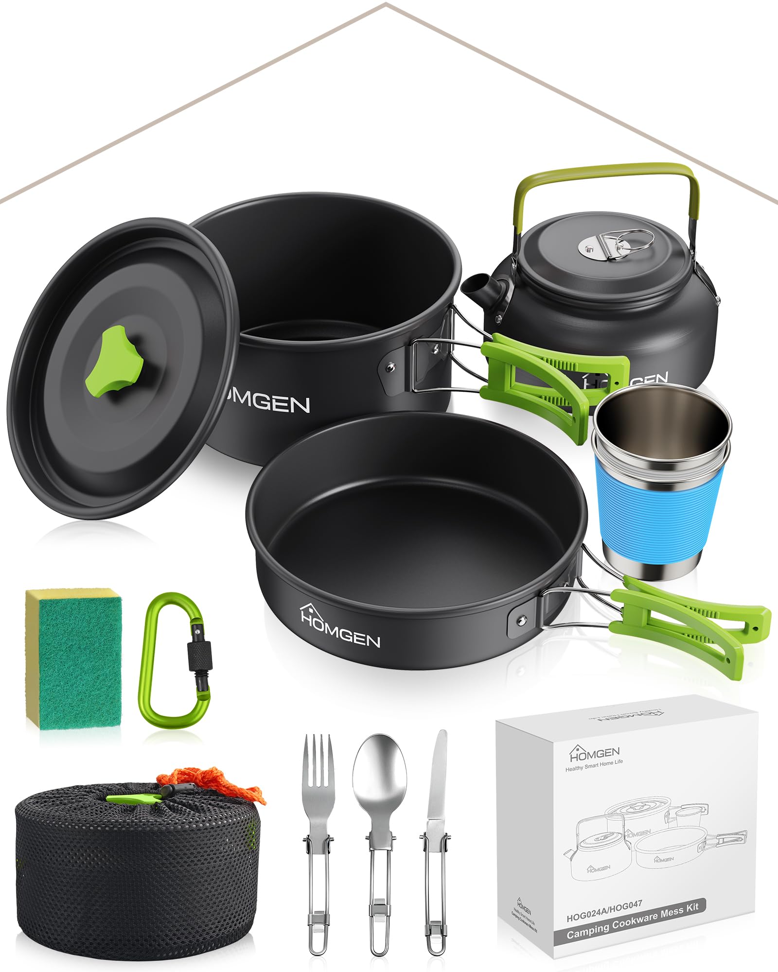 HOMGEN Camping Kochgeschirr Set aus Aluminium – Leichtes Camping Topfset mit Antihaft-Beschichtung, Klappbaren Griffen und Tragetasche, Outdoor Kochset für Camping, Trekking, Wandern, Picknick