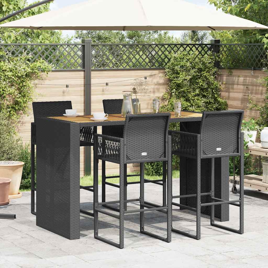 Homgoday Set Bar jardín sin Cojines 5 pzas ratán sintético Acacia Negro Barra Jardin Barra Bar Exterior mesas Altas y taburetes Dimensiones 185 cm