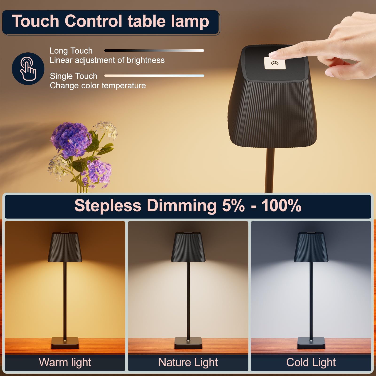 Nulmvic Lampada da Tavolo Senza Fili Ricaricabile - 5200mAh Lampada LED Dimmable Touch Control 3 Temperatura Colore - Materiale Metallico IP54 Impermeabile per Interno Esterno Camera Bar (Nero)