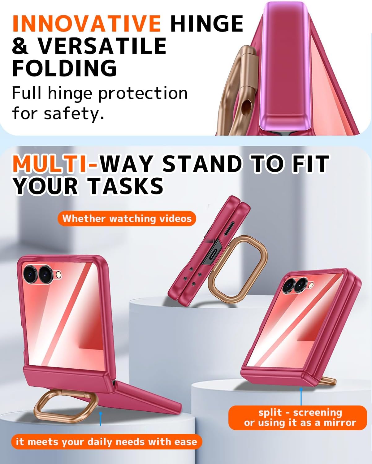 NINKI for Samsung Galaxy Z Flip 7 Case with Rotatable Ring,Built-in Screen Protector Hinge Protection Case for Samsung Galaxy Z Flip 7 Shockproof Rugged Translucent Matte Cover for flip7 Rose Pink
