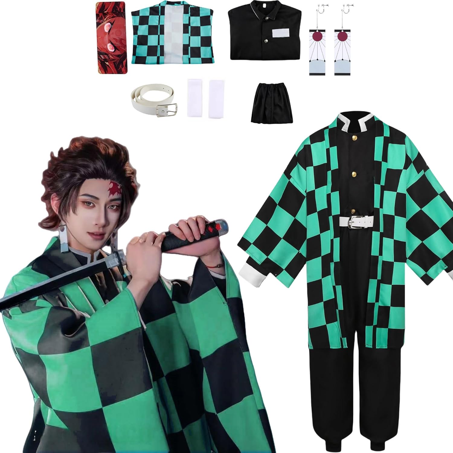 Kamado Full Set Men Cosplay Kamado Women Plus Size Costume Green Coat Adult Green kimono Halloween Party