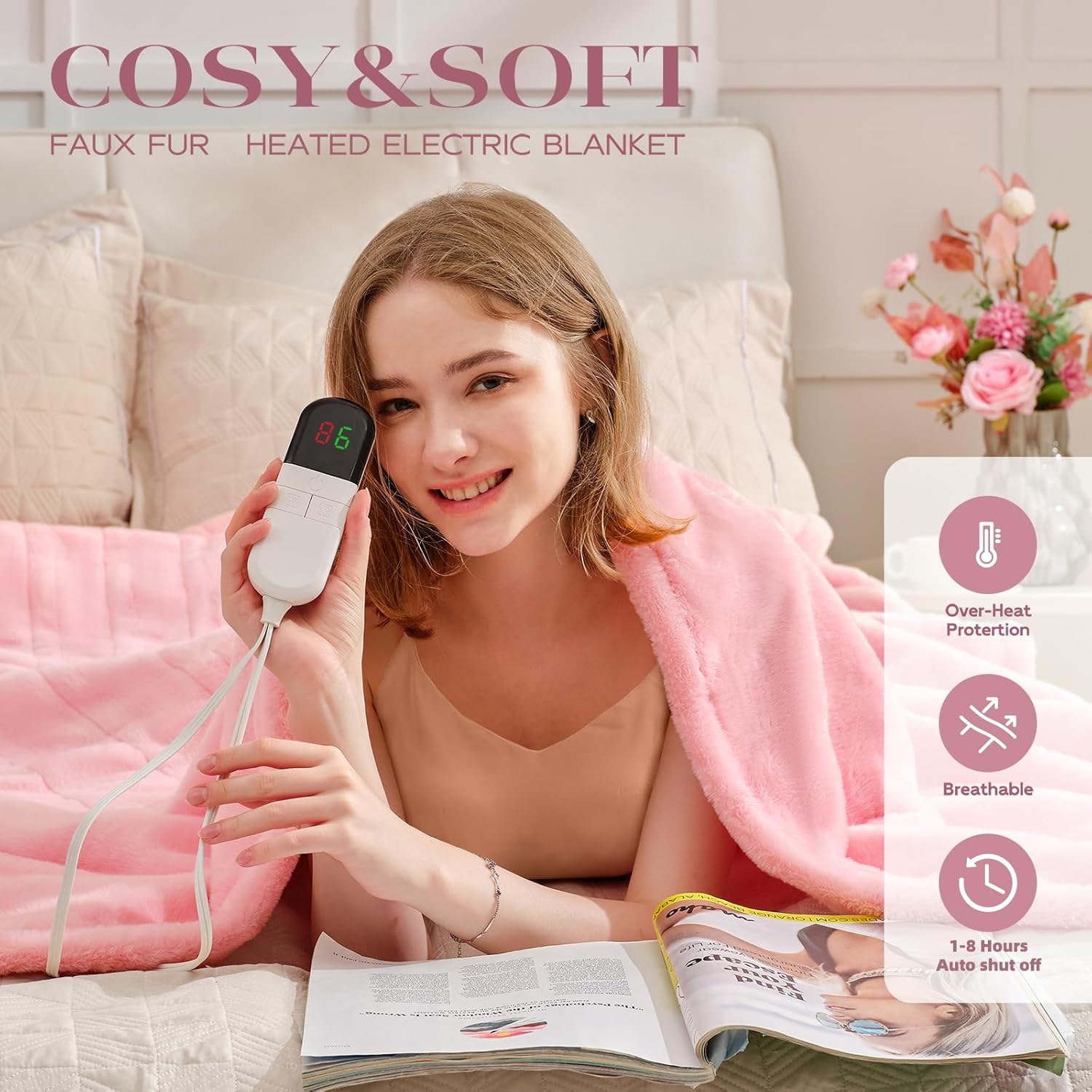 premium heated blanket twin 62"×84" - ultra cosy soft electric blanket with 8 heating levels,plush fast heating faux rabbit fur blanket for bed & couch - auto shut off,machine washable (pink) pink 62"×84"-twin