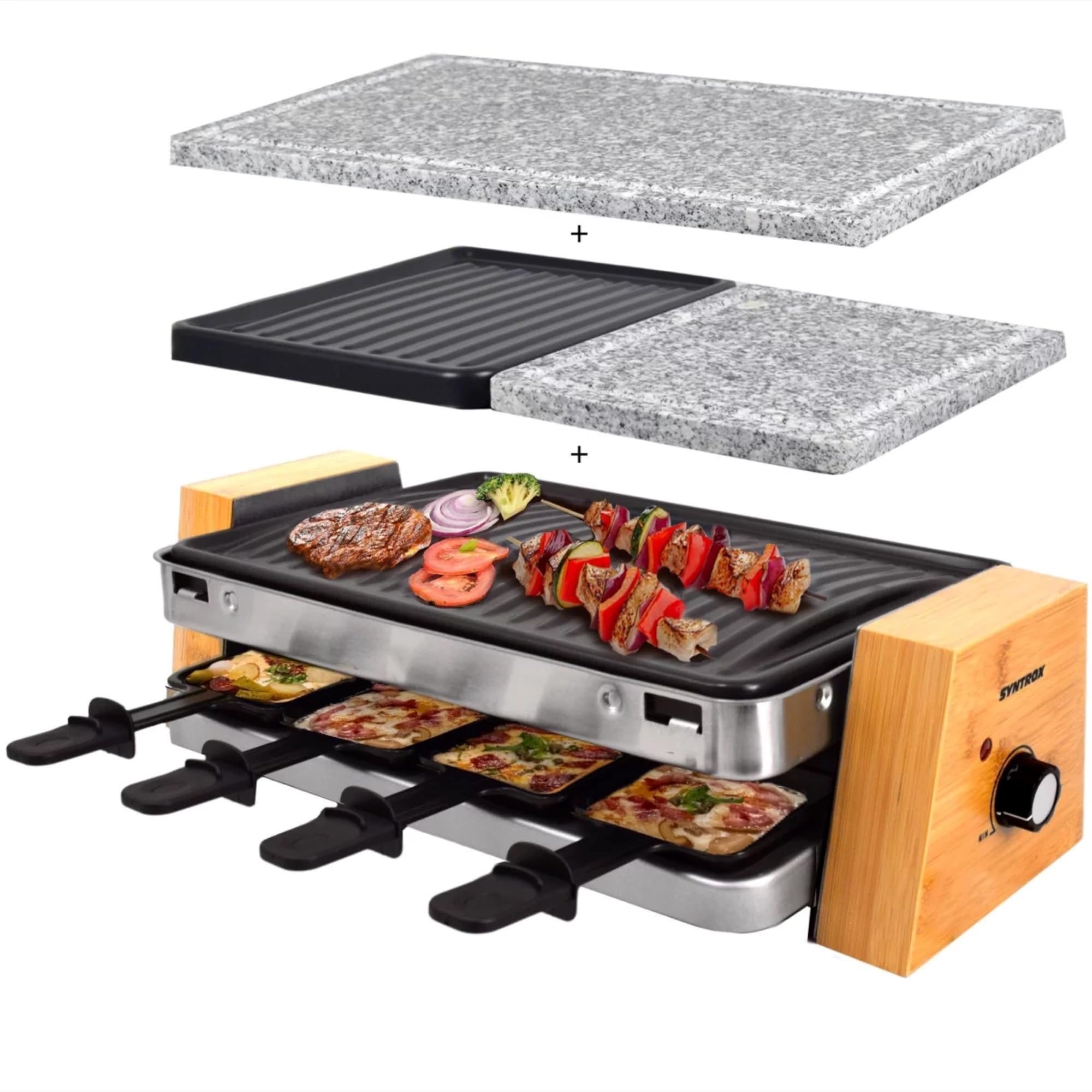 Syntrox Germany Raclette-Grill Set Lugaro, Tischgrill, 1500Watt für 8 Personen, Party-Raclette Set Lugano mit Wechselplatten, 10kg, Edelstahl, Multifunktional, Steaks, Fisch, gegrilltes Gemüse