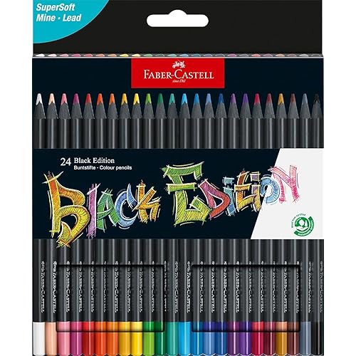 Faber-Castell 116424 Black Edition Set di 24 Matite Colorate, Resistenti alla Rottura e con Impugnatura Ergonomica, Valigetta Colori per Colorare su Carta Chiara e Scura