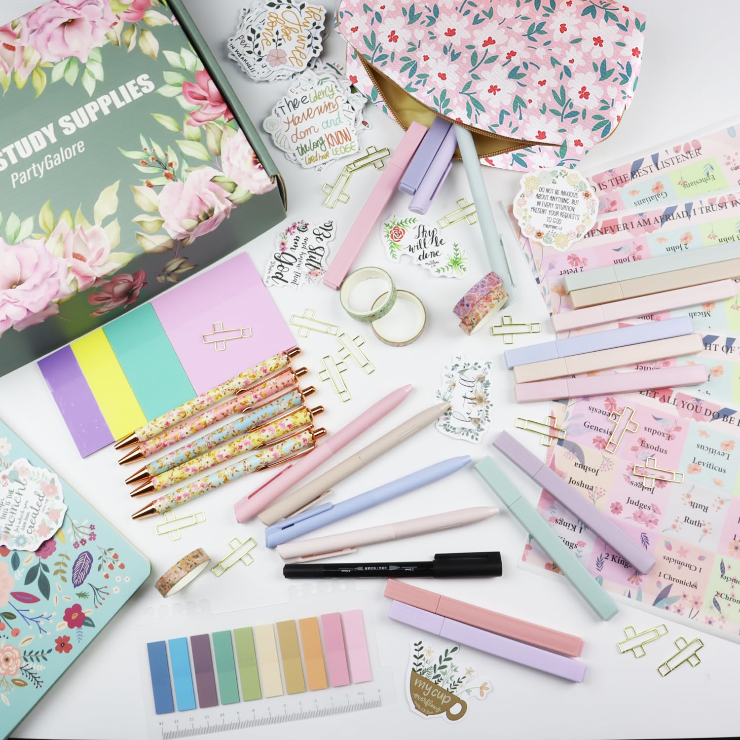 PartyGalore Forniture per lo studio della Bibbia, kit per diario biblico con linguette e quaderni, evidenziatori e penne bibliche senza sanguinamento, kit di studio biblico per donne