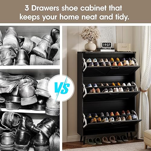 Miniatura 47 de Zapatero con 2 cajones abatibles y almacenamiento abierto, armario de almacenamiento de zapatos de granja para entrada, estante organizador estrecho