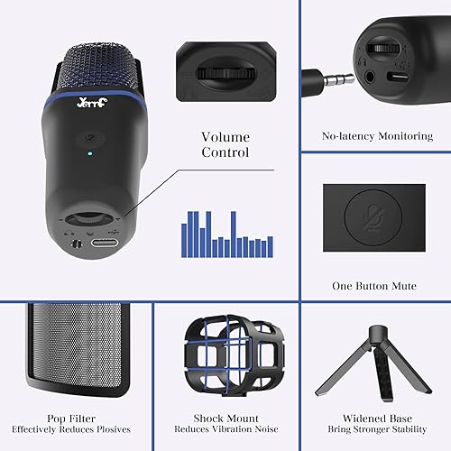 Miniatura 3 de yerrf Micrófono USB con filtro pop y botón de silencio para PC, Mac, juegos, grabación, transmisión, podcasting, micrófono de juegos para