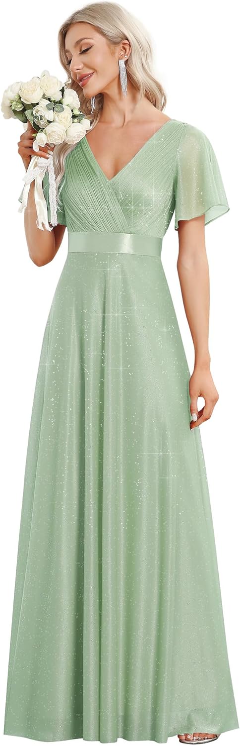 Ever-Pretty Women's Evening Gowns V Neck Ruched Short Sleeves A-line Glitter Formal Dresses