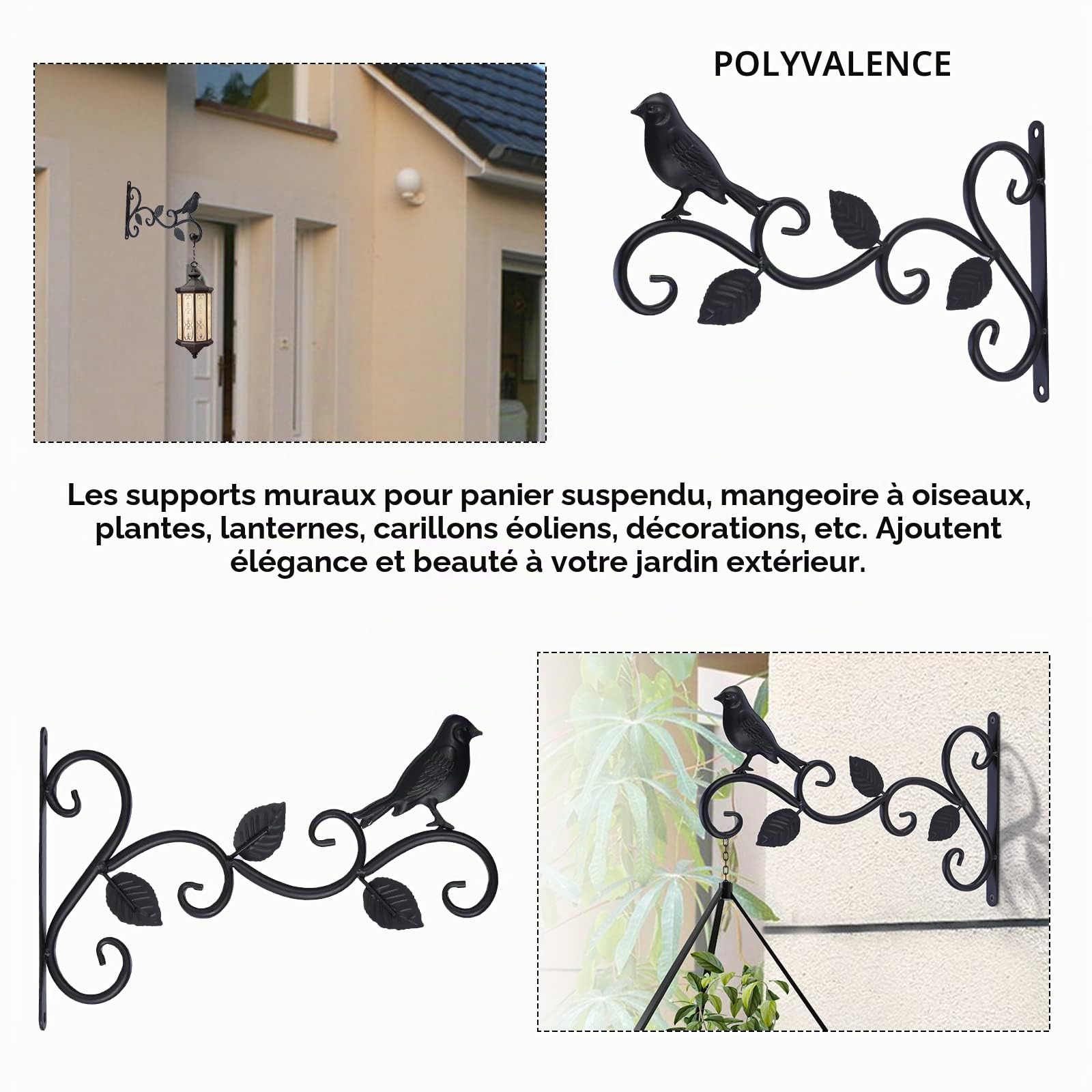Kyrio Lot de 2 supports de panier à suspendre pour extérieur, 30,5 cm, crochets décoratifs en métal pour plantes suspendues, mangeoires à oiseaux, lanternes (3 feuilles), Noir, 30cm L x 19cm H