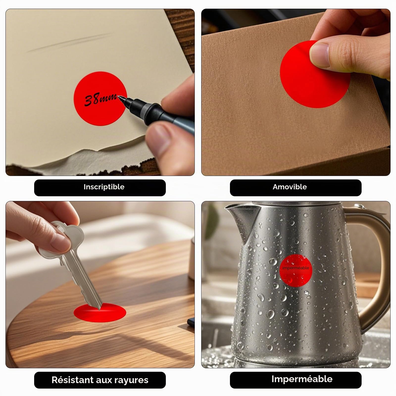Étiquettes Autocollantes Rondes 38 mm Rouge Rouleau Vinyle 1000 Gommettes Imperméable Écriture Marqueur pour Déménagement Bureau