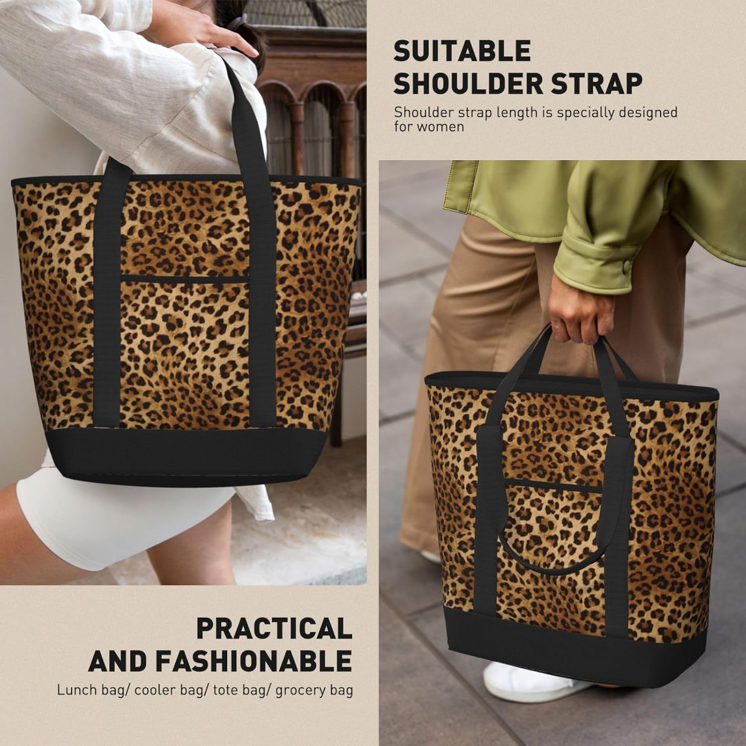Cute Leopard Print Large Cooler Bag Tote Bag,Reusable Grocery Bag,Lunch Box Bag, For Picnic Beach Camping