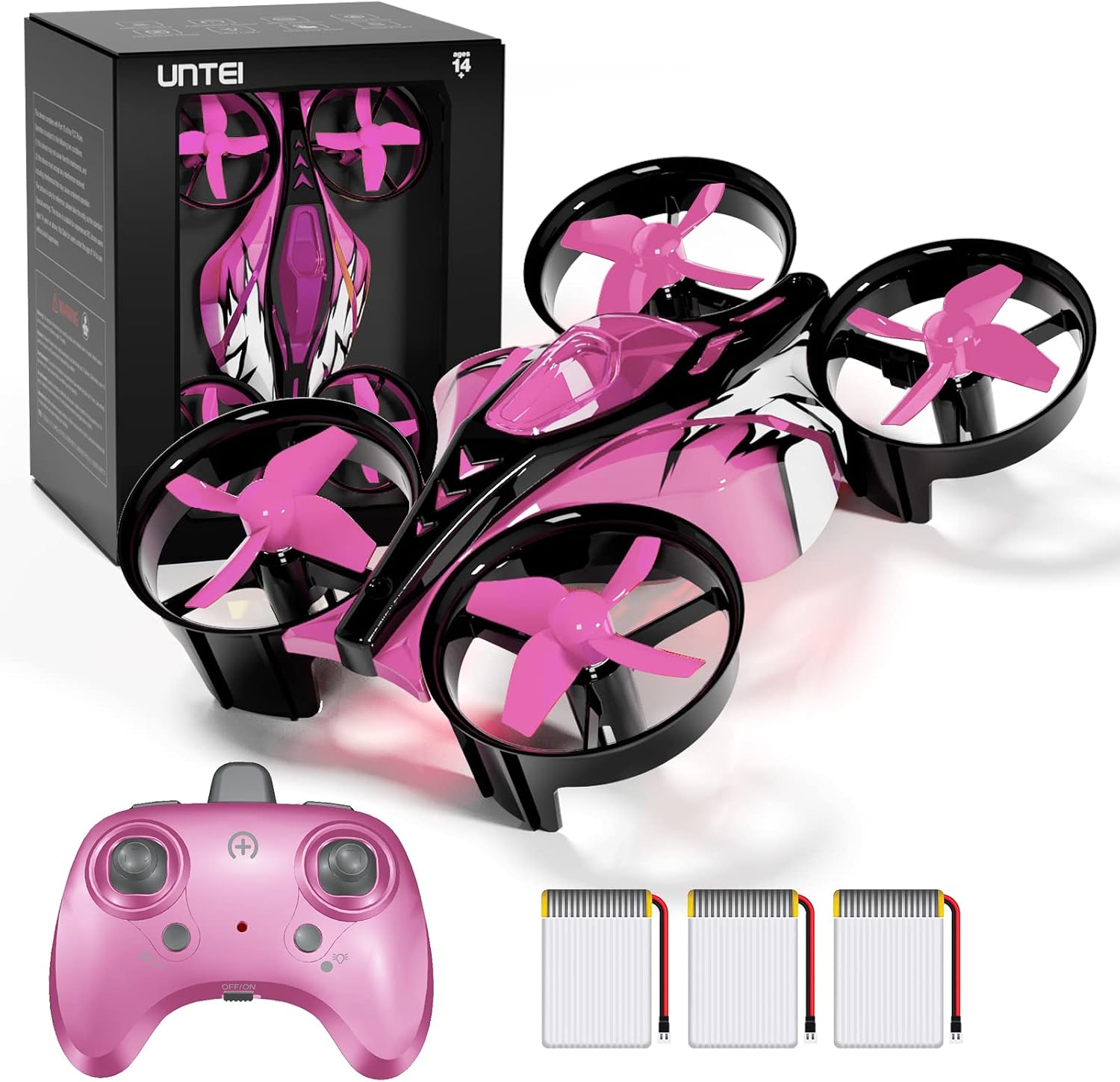 UNTEI 2 In 1 Mini Drone for Kids Remote Control Drone with Land Mode or Fly Mode, LED Lights,Auto Hovering, 3D Flip,Headless Mode and 3 Batteries,Toys Gifts for Boys Girls (Harbor Pink)