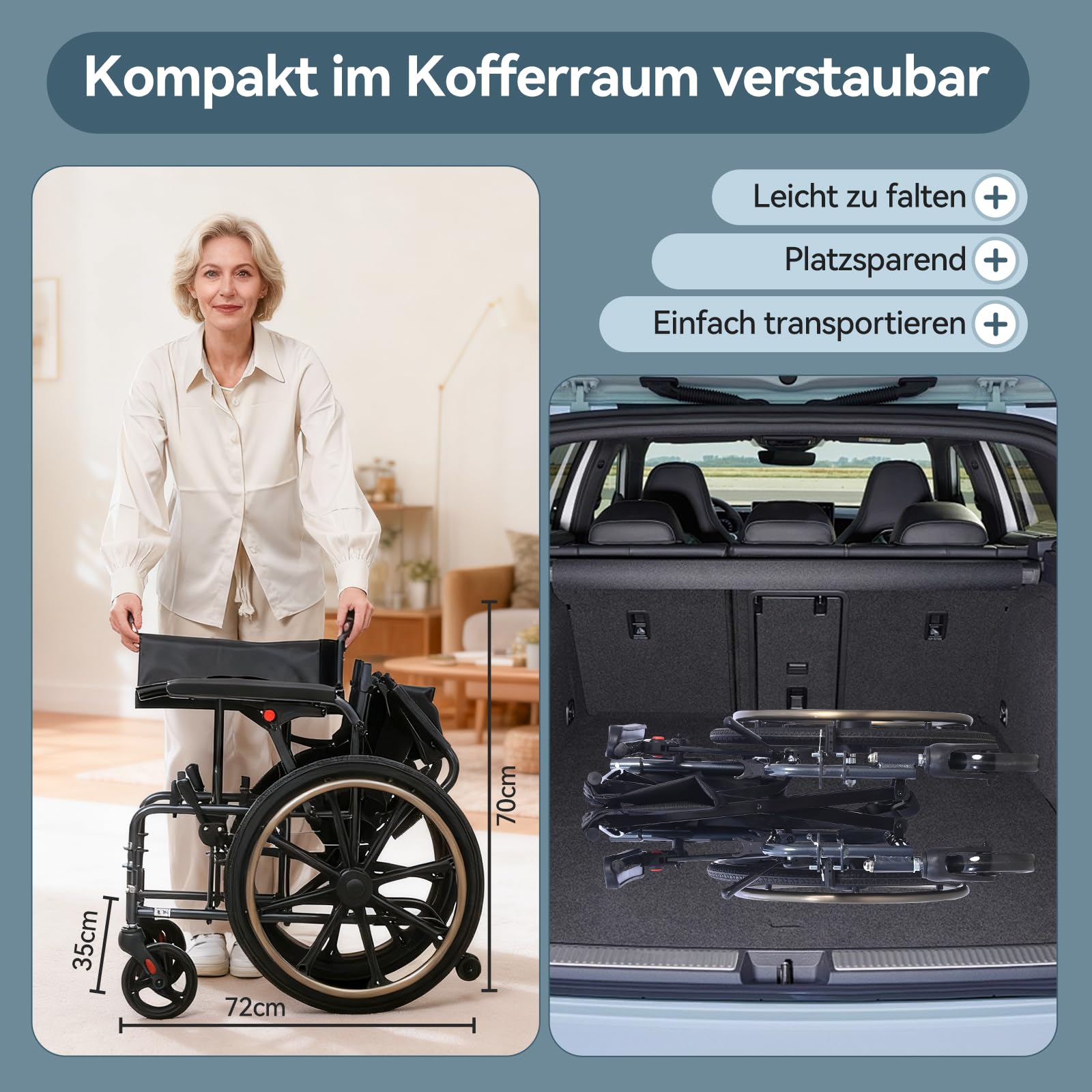 M4 Rollstuhl Faltbar Leicht mit Doppeltem Sitzpolster, Schockabsorbierenden Vorderrädern, Leichtes Aluminiumgestell, Abnehmbare Armlehnen, wartungsfreie Vollgum Reifen