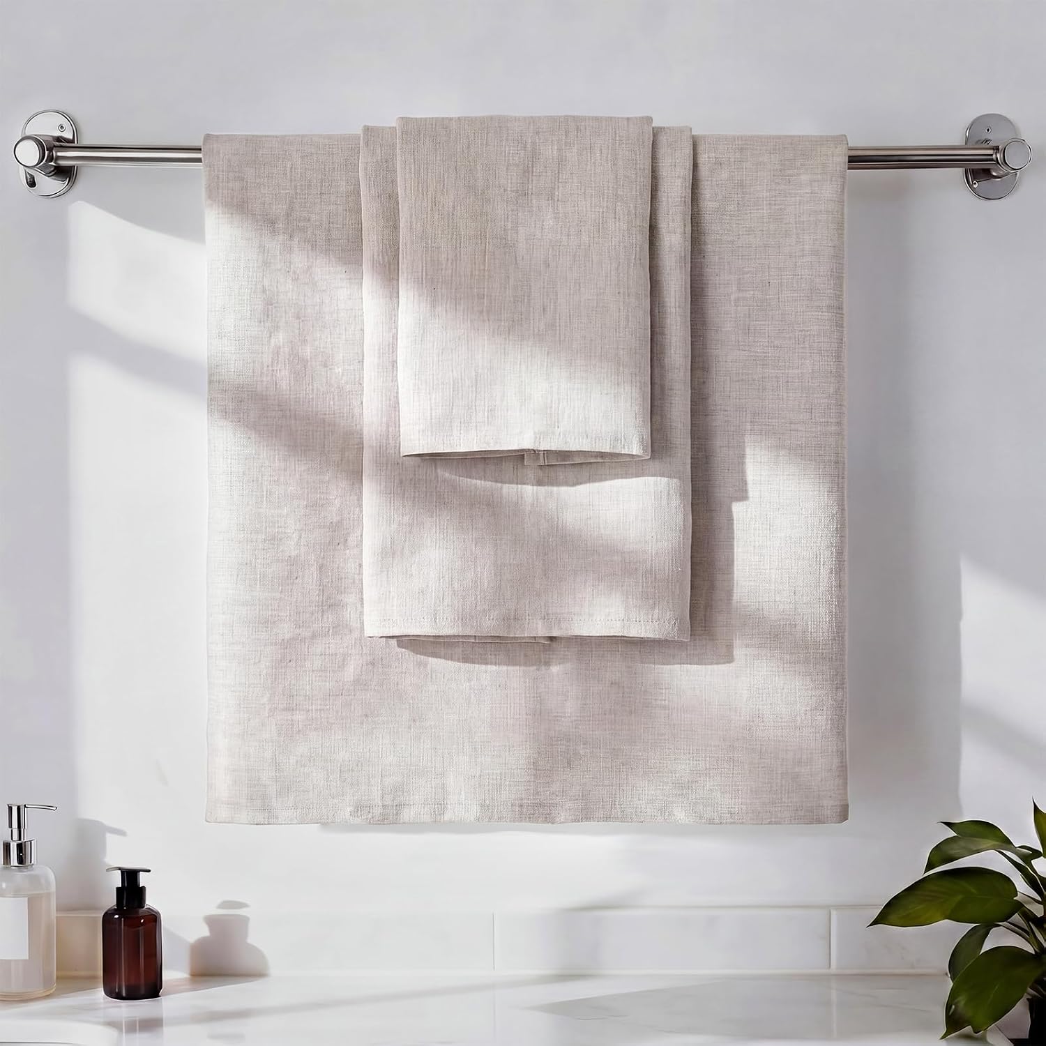 Hahafelt 3 Pcs 100% Linen Towel Set Farmhouse Bathroom Decorative 1 Bath 1 Hand and Wash Cloth Natural Quick-Dry Absorbent Lightweight Thin Towels for Bathroom Beach Travel
