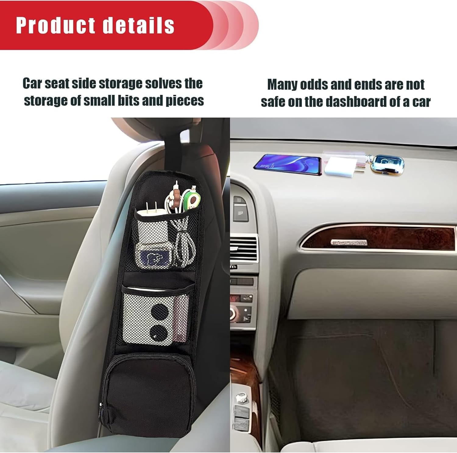 Car Seat Side Organizer, Pack 2 Auto Seat Storage Hanging Bag, Multi-Pocket Storage Bag, Phones, Drink, Stuff Holder with Mesh Pocket for Cars, SUV & Truck(Black, 42X14X7CM) image 3