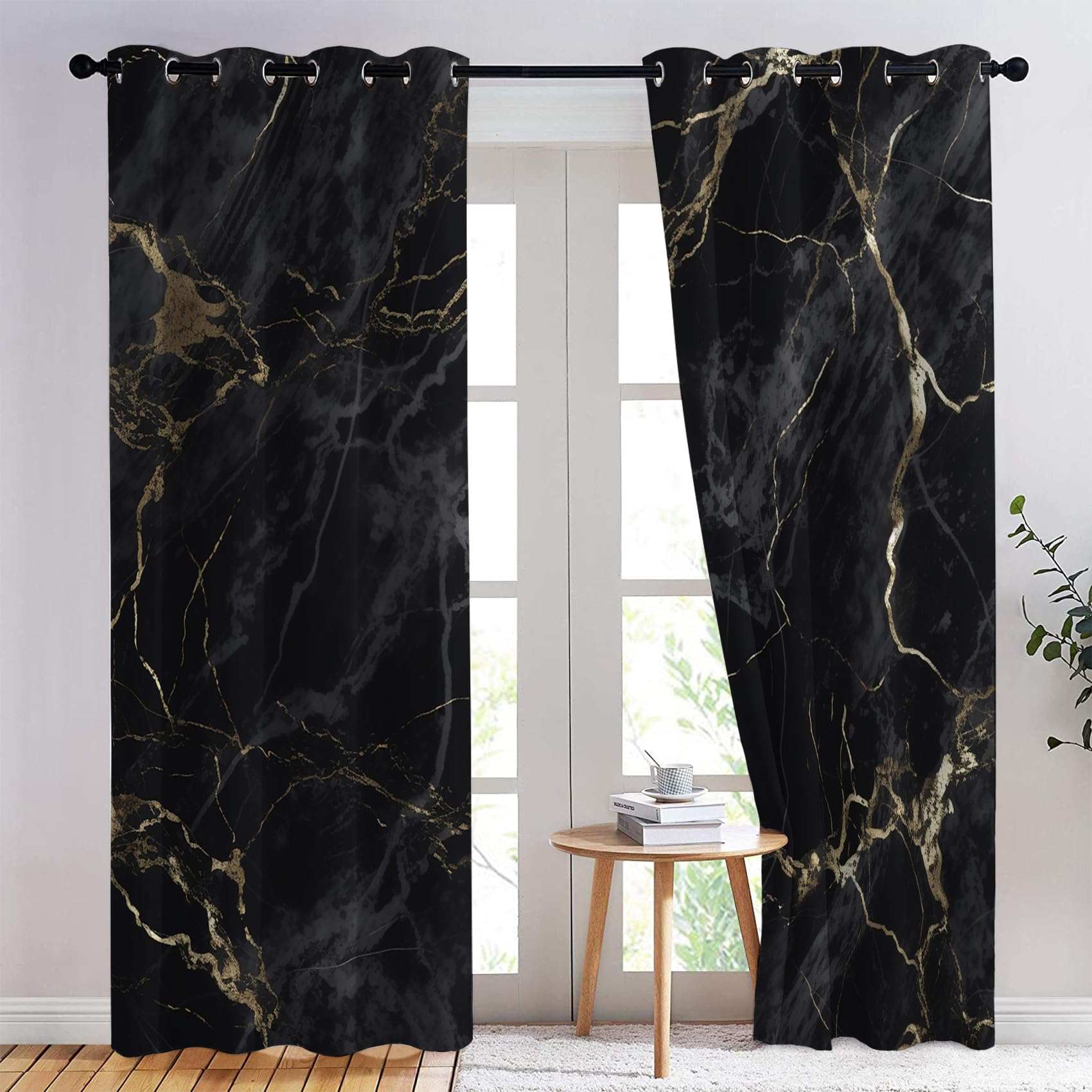 Marmor Vorhänge, Verdunklungsvorhänge mit Muster Schwarz Gold, Vorhang Blickdicht mit Ösen, Gardinen für Wohnzimmer Schlafzimmer Kinderzimmer Deko 2er Set - 220x140 (H X B) (Qm-&126)