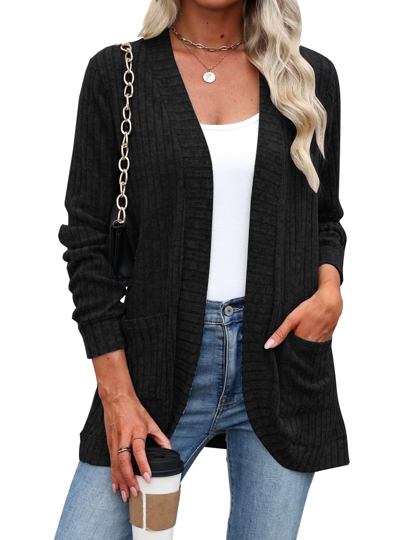 Halife Womens Fashion Cardigan Sweaters Lightweight Open Front Long Sleeve Casual Thin Cardigans with Pockets