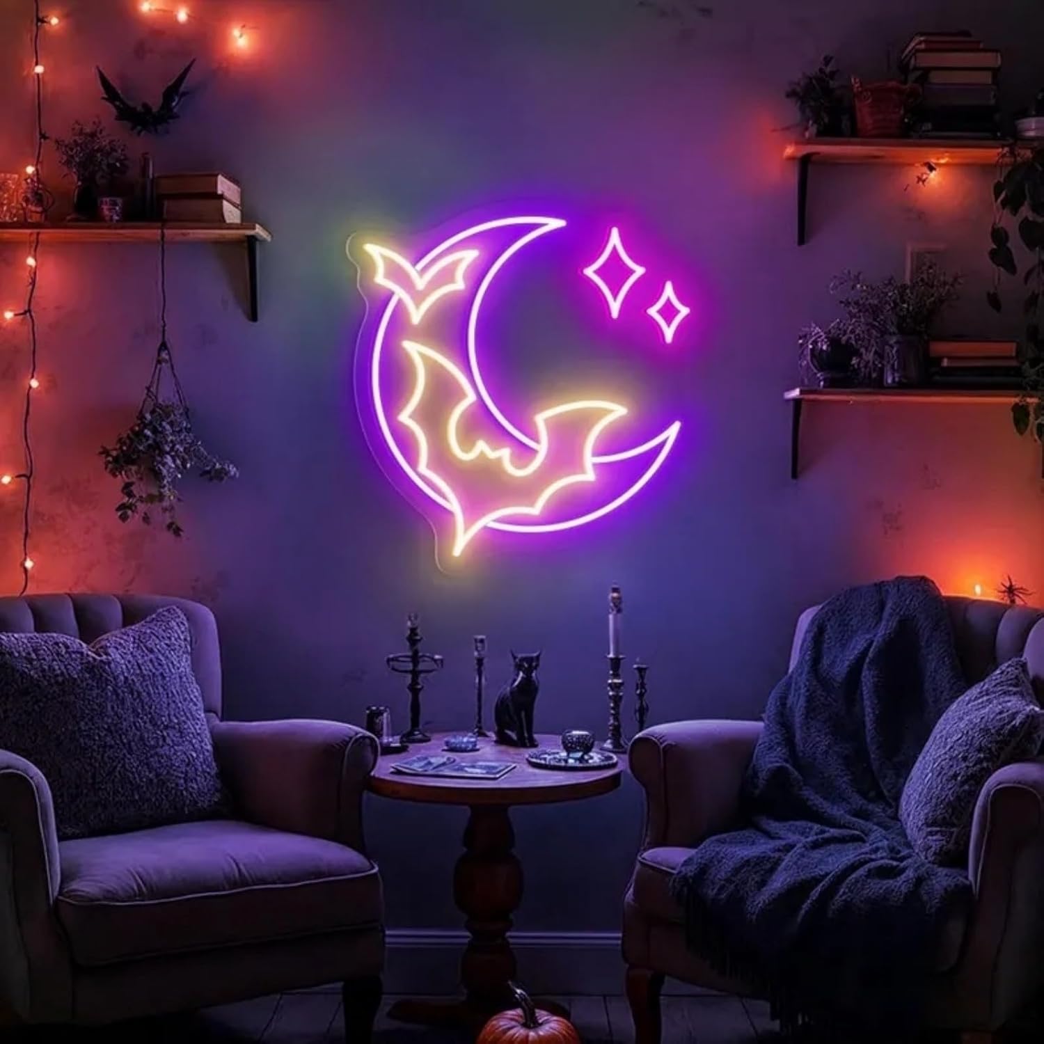 Halloween Bat Moon Neon Sign, Dimmable Spooky LED Wall Light, USB Powered Gothic Neon Decor for Bedroom, Bar, Party, and Halloween Room Aesthetic Gift Idea