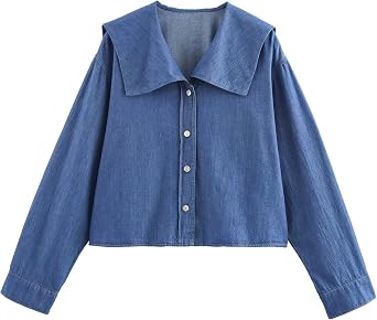 KEOMUD Womens Spring Fall Denim Effect Button Down Shirt, Casual Long Sleeve Blouse Tops for Everyday Outfits