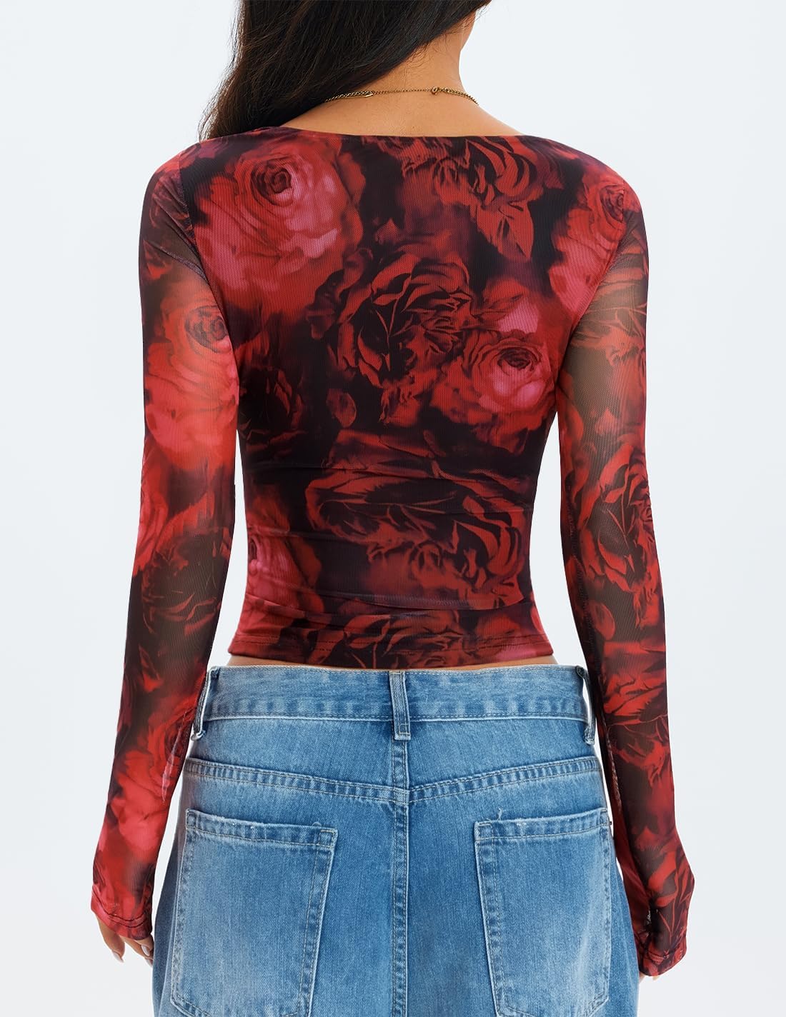 ZESICA Womens Floral Mesh Long Sleeve Tops 2026 Fall Cowl Neck Slim Fit Going Out Y2k Shirts Trendy Date Night Outfits - Image 4