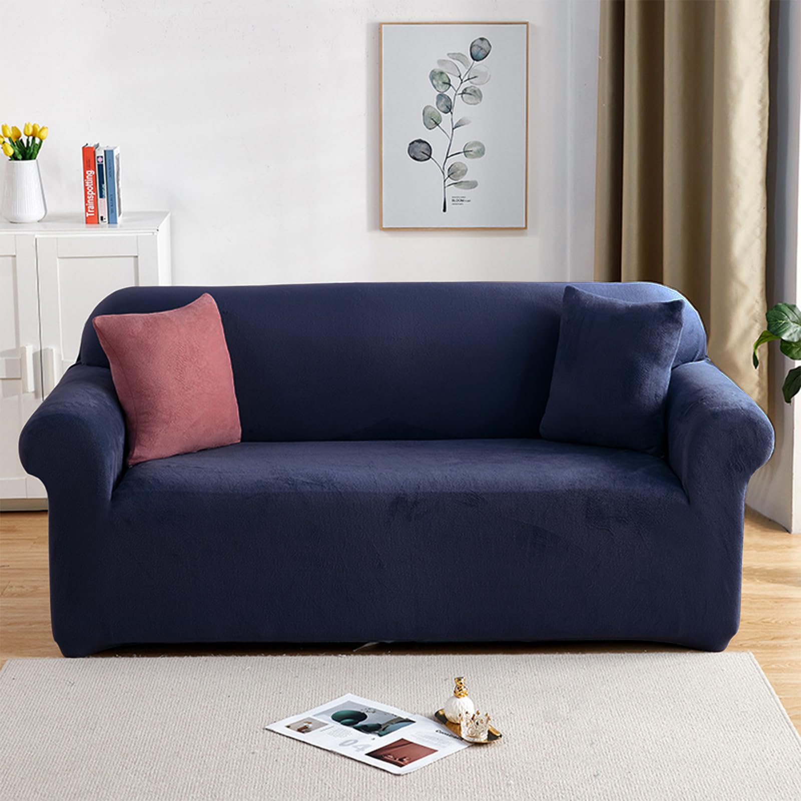 PETCUTE Elastic sofa covers 3 Seater sofa slipcovers velvet thick sofa covers Navy