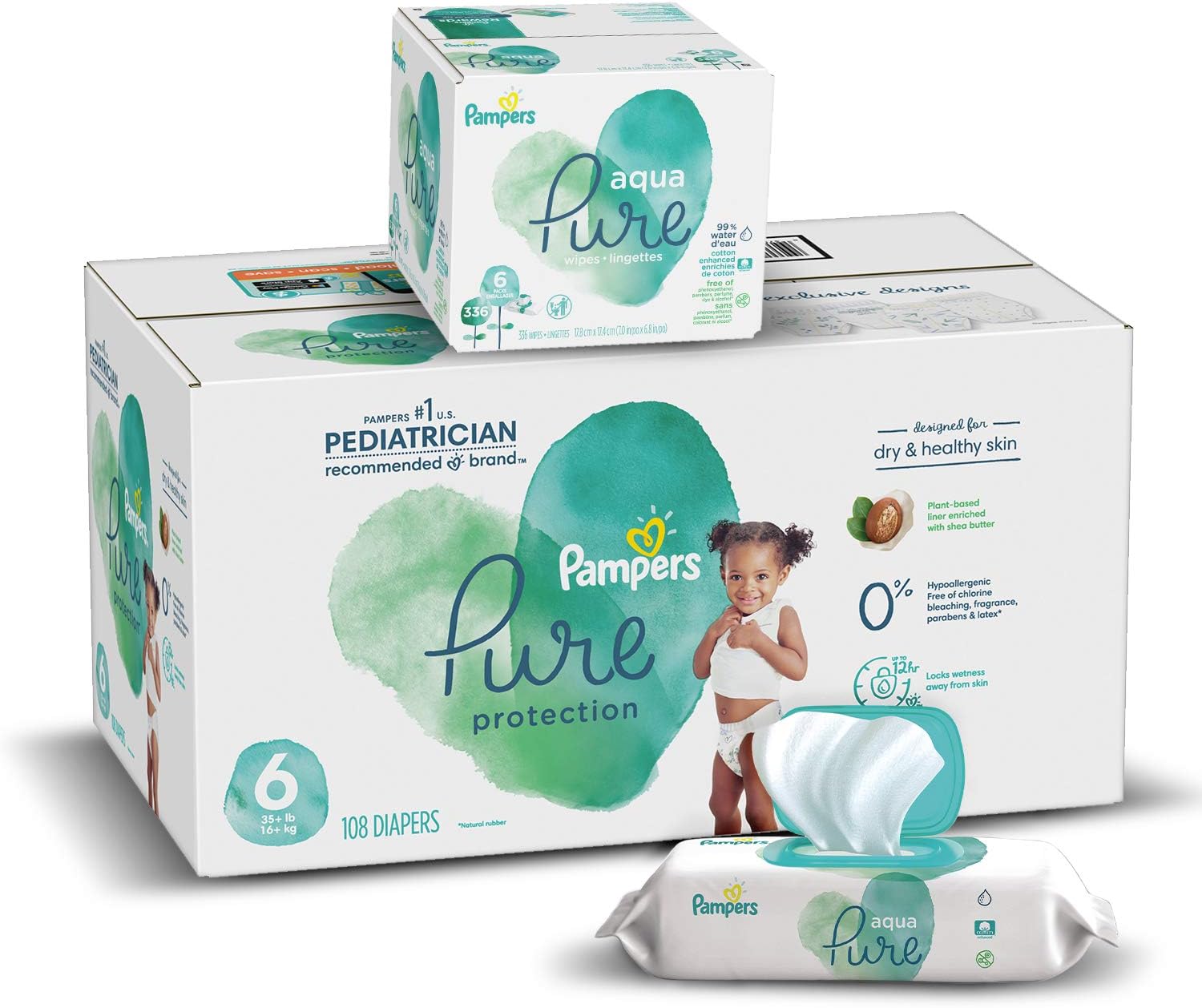 Diapers Size 6, 108 Count and Baby Wipes - Pampers Pure Protection Diapers and Aqua Pure 6X Pop-Top Sensitive Water Baby Wipes, 336 Count (Packaging May Vary)