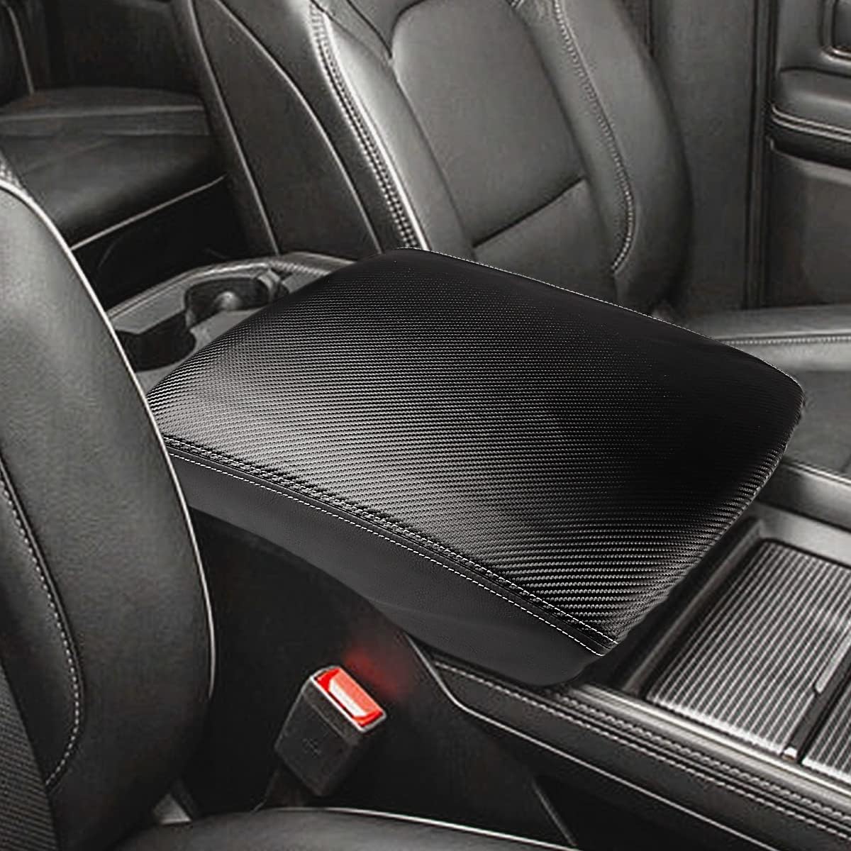 INTGET Car Center Console Armrest Cover for 2022 2023 Dodge Ram 1500 2500 3500 Accessories 2019 2020 2021 Arm Rest Box Lid Protector Pad Cushion Dog Seat Cover (Black with Carbon Fiber Texture)
