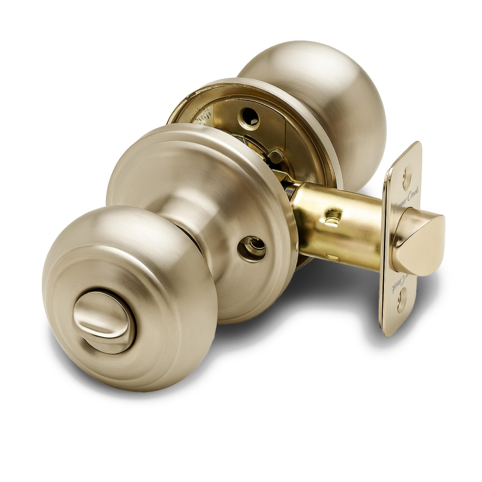 Copper CreekColonial Privacy Interior Door Knob – ANSI Grade-3 Certified, Modern Heavy Duty Handle, Easy Install and Reversible for Bedroom, Bathroom and Closets – Polished Brass (1 Pack)