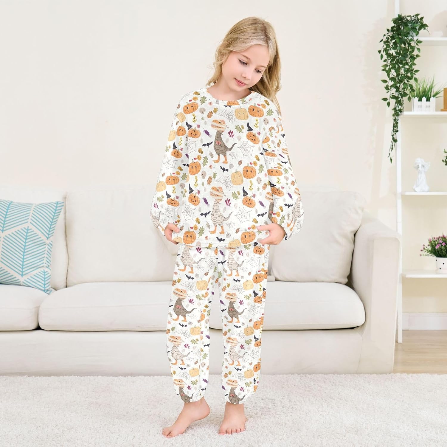 Cute Dinosaurs Halloween Plush Pajama Set for Winter, 2 Piece Sleepwear Loungewear