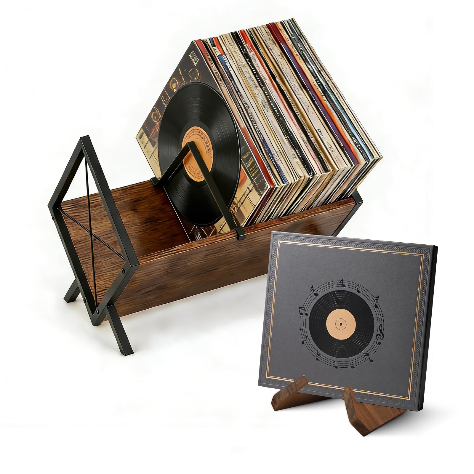 BigKing Estantería Vinilos y Exposición, Soporte para Discos de Vinilo con Divisor Ajustable, Fácil de Montar, Metal y Madera, Organizador Vinilos para LP Vinilo CD, Álbumes