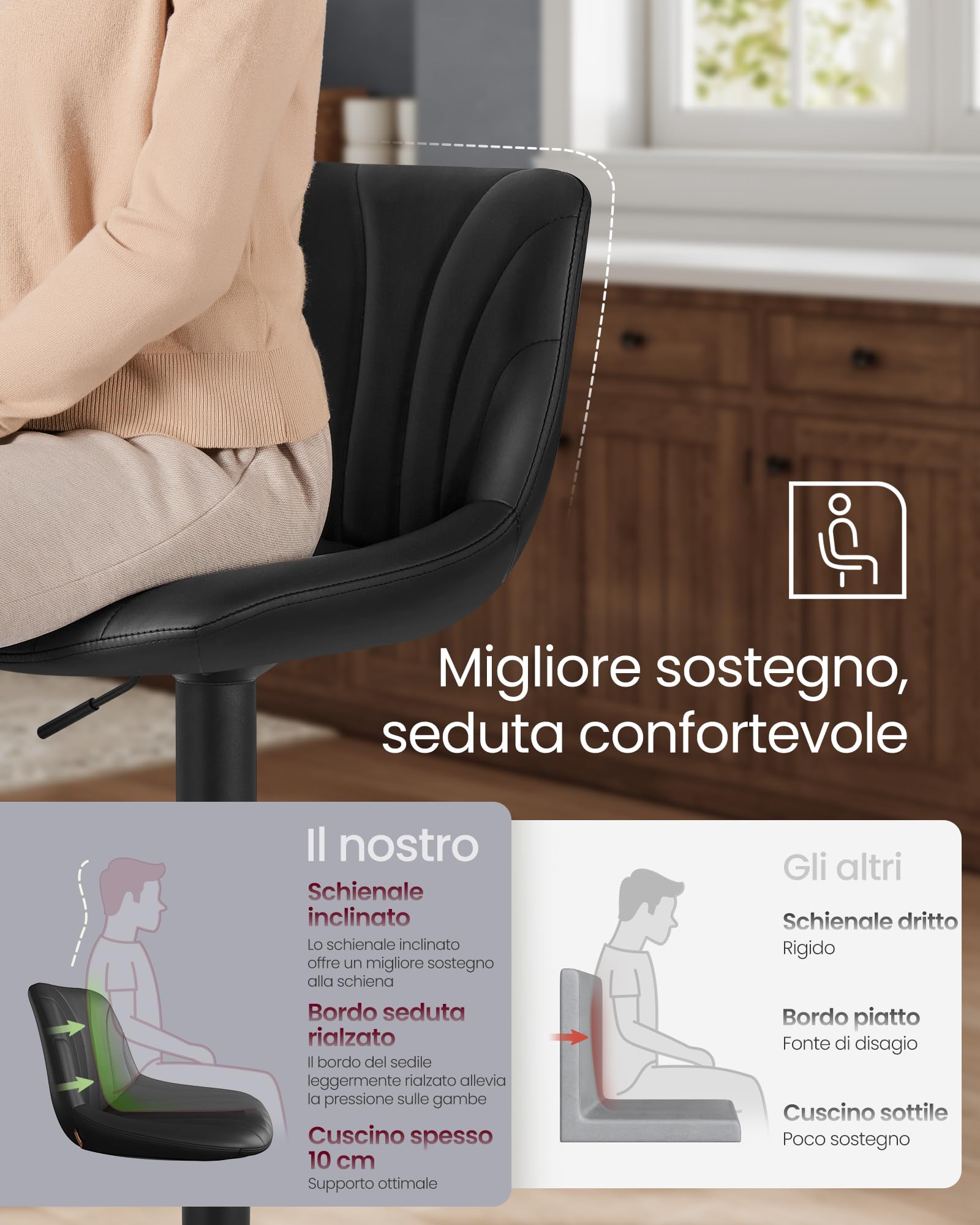 VASAGLE Sgabelli da Bar, Schienale, Sedie da Bar Regolabili in Altezza, Girevoli a 360°, Poggiapiedi Metallo, Sala da Pranzo Cucina, PU, Set di 2, Nero Inchiostro LJB181BH01