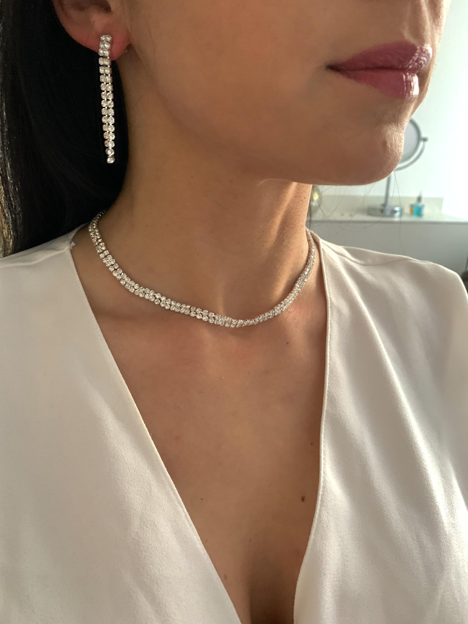 Schmuckset Damen Silber – Strass Choker Collier Halskette & Ohrringe – Elegantes Schmuck Set für Hochzeit Abiball Jugendweihe Kommunion Ball