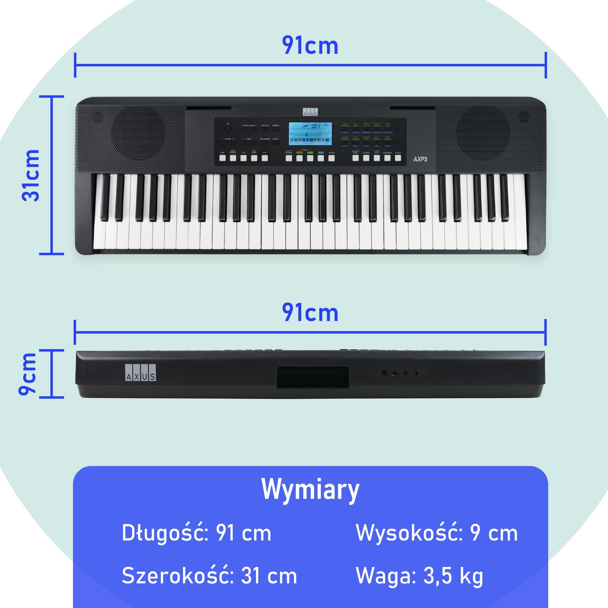 Axus 61 Key Keyboard Piano, Przenośna, Czuła Na Dotyk, Lekka, Wąska Klawiatura Z Uchwytem do Przenoszenia, Zasilaczem, 450 Głosami i Pulpitem pod Nuty