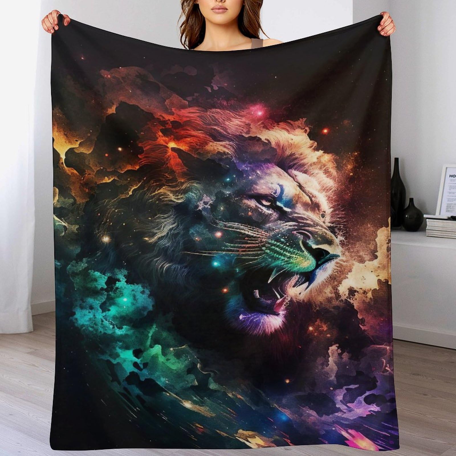 Manta de franela para sofá cama con estampado de león y felpa suave