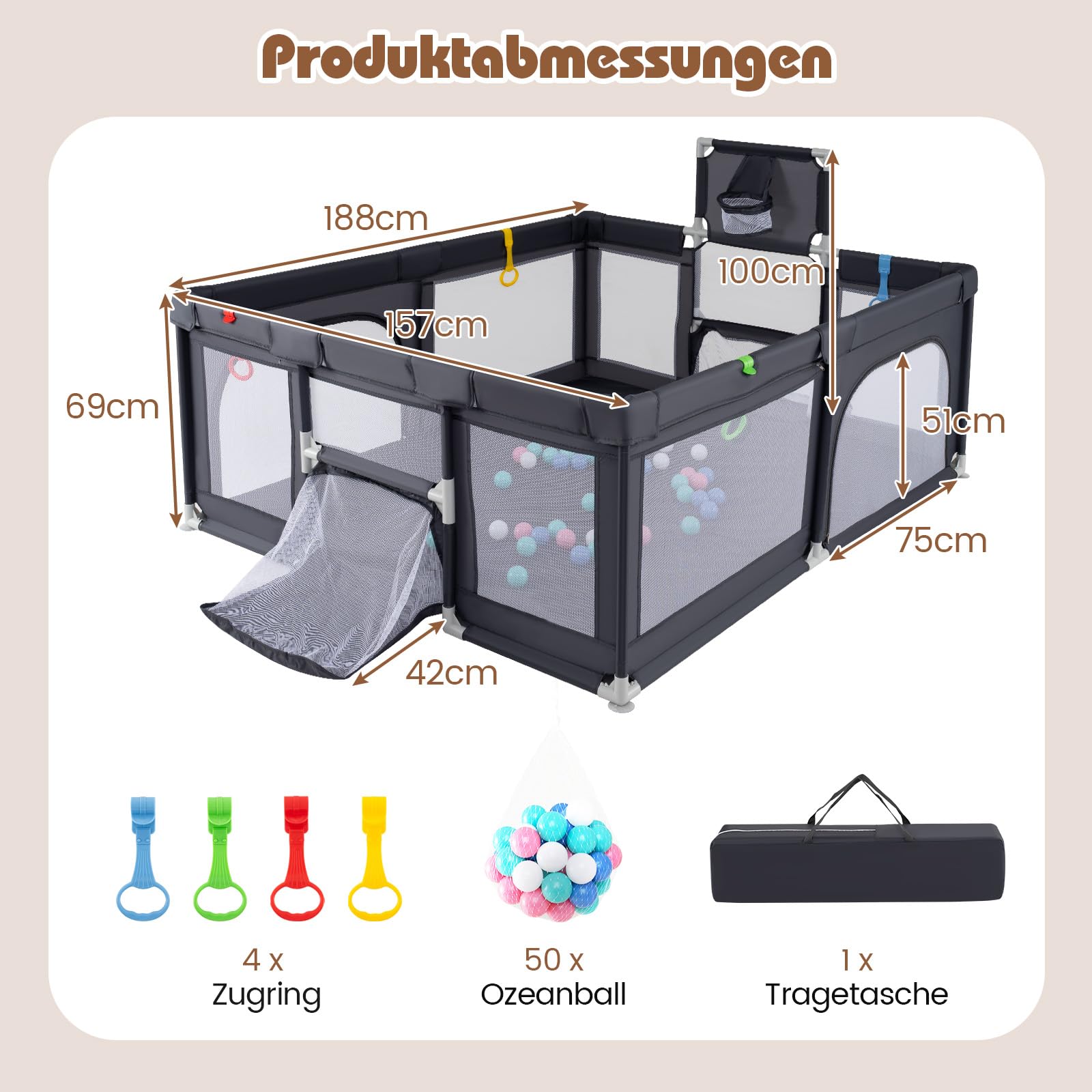 COSTWAY 188 x 157cm Laufstall Baby Faltbar, Laufgitter mit Basketballkorb, Fußballnetzen, 50 Ozeanbällen & Griffen, Krabbelgitter mit atmungsaktivem Netz, Tragetasche (Dunkelgrau)