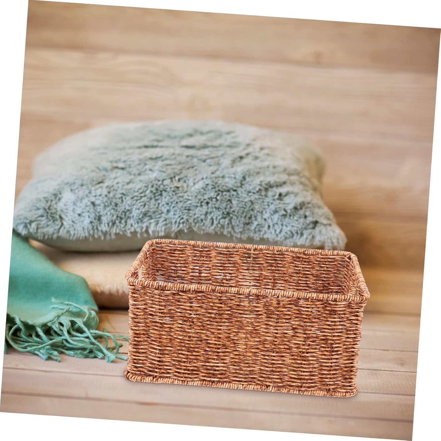 Rattan Storage Basket for Clothes Medium Multi-function Organizing Bin with Double Handles for Home Bedroom Nursery and Bathroom Use