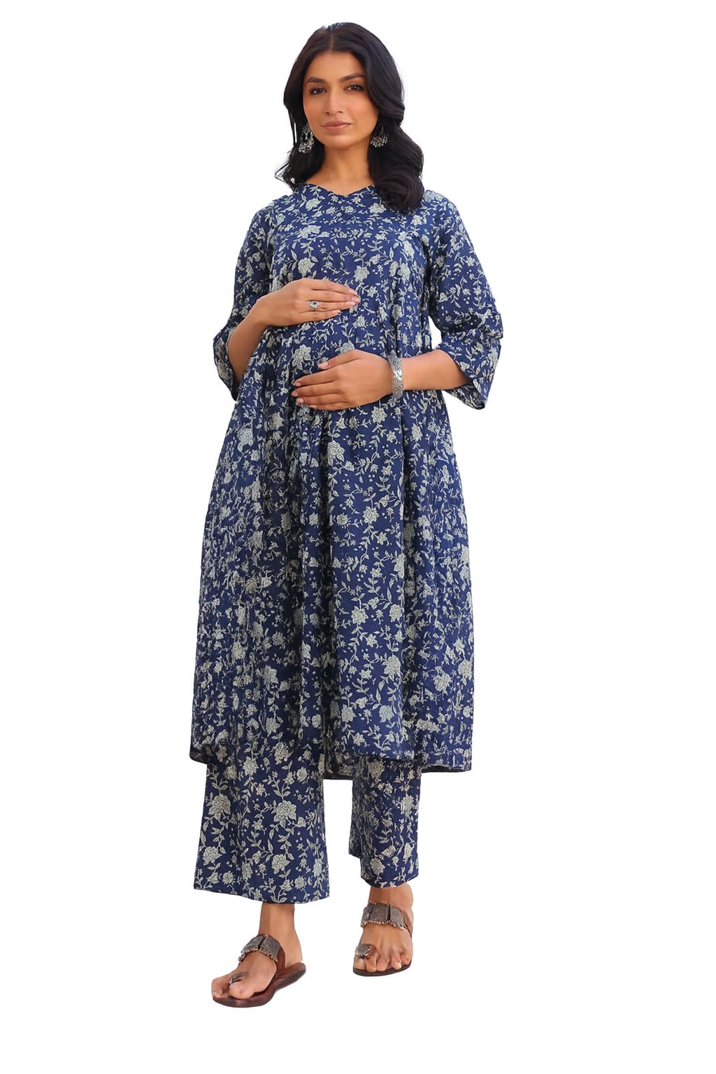 Maternity Kurta Set with Palazzo, Blue Floral Print, Cotton, Comfortable Fit, Nursing Friendly Design-image-29