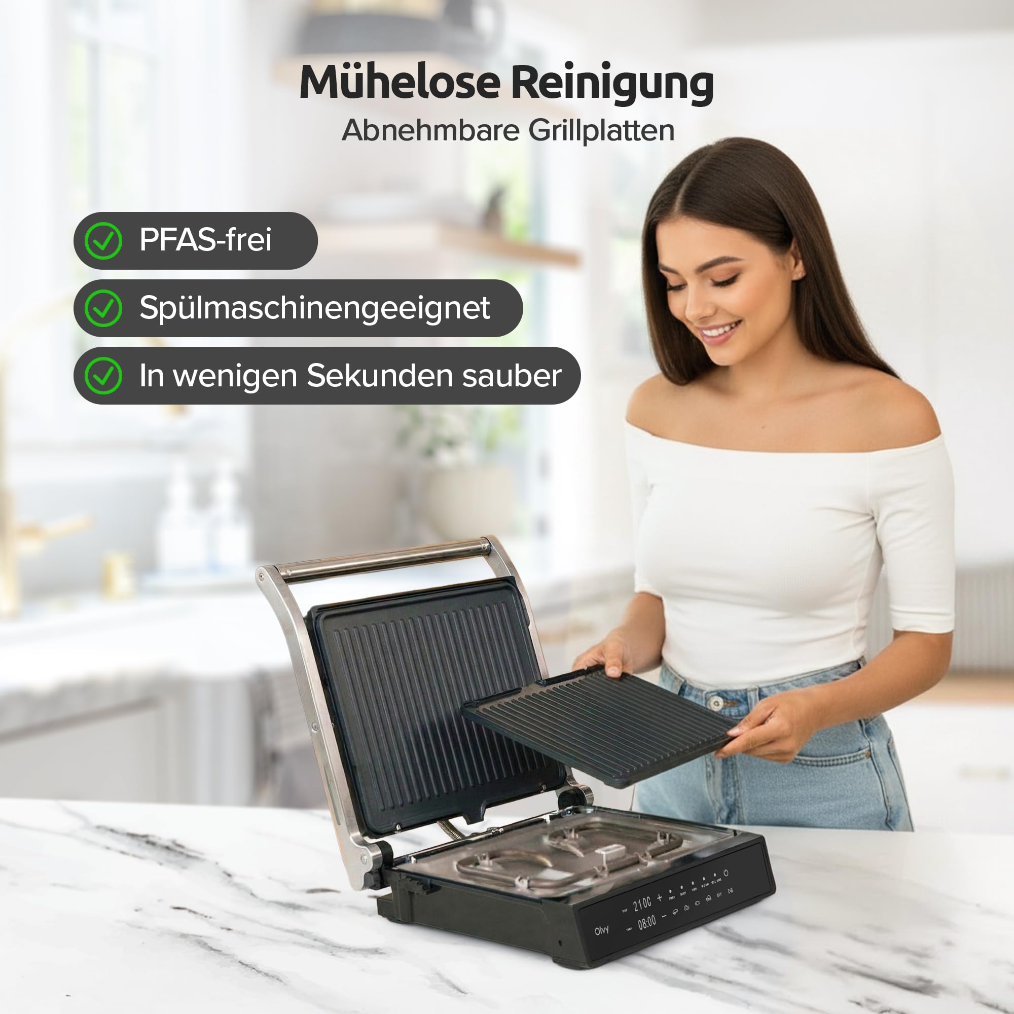 Olvy Kontaktgrill mit Touchscreen – PFAS-frei – 5 Automatische Programme – 180° Öffnung, 2000 W – Abnehmbare Antihaftplatten – Thermostat & Timer – Panini, Sandwich, Steak & Gemüse