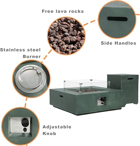 Miniatura 4 de COSIEST Juego de mesa de fuego de propano para exteriores, 2 piezas, piedra sintética verde, mesa cuadrada de 35 pulgadas con quemador de acero