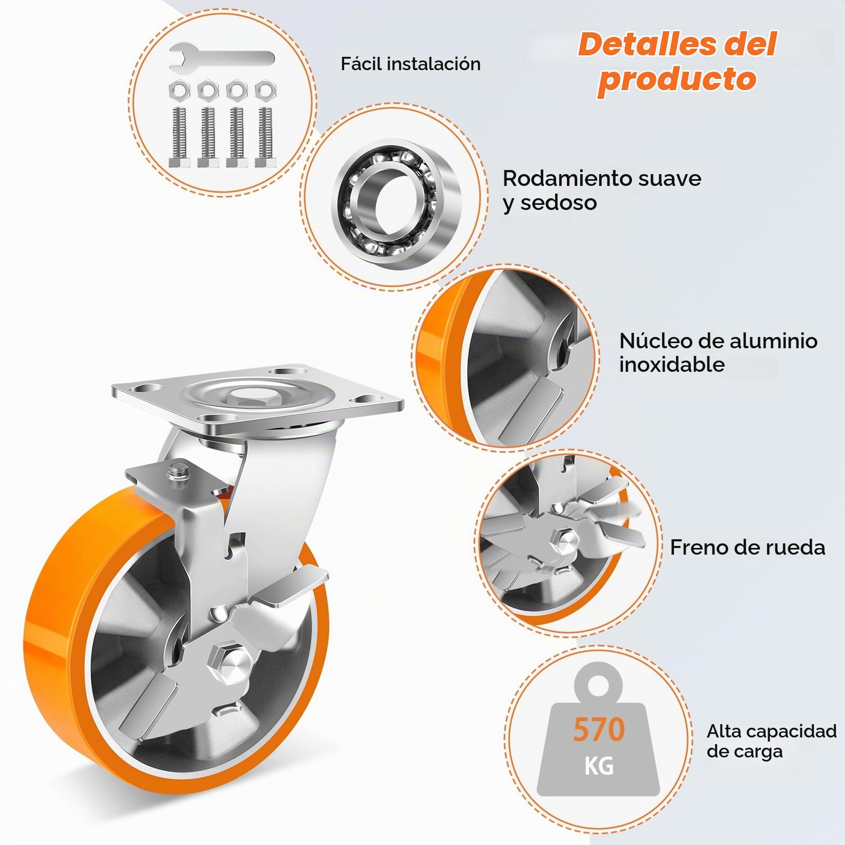 W B D WEIBIDA 150mm Ruedas para Muebles con Freno, Carga de 2300KG, Ruedas Pesados con Núcleo de Aluminio, Ruedas Giratorias Industriales de Poliuretano Duradera, para Banco de Trabajo, Juego de 4