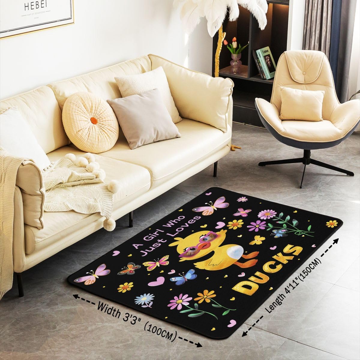 Erosebridal Kawaii Duck Living Room Rugs for Girls Kids for Duck Lovers Area Rug 5 x 7, Country Floral Butterfly Washable Rug, Funny Pet Ducks Carpet Indoor Floor Mat Bedroom Decor