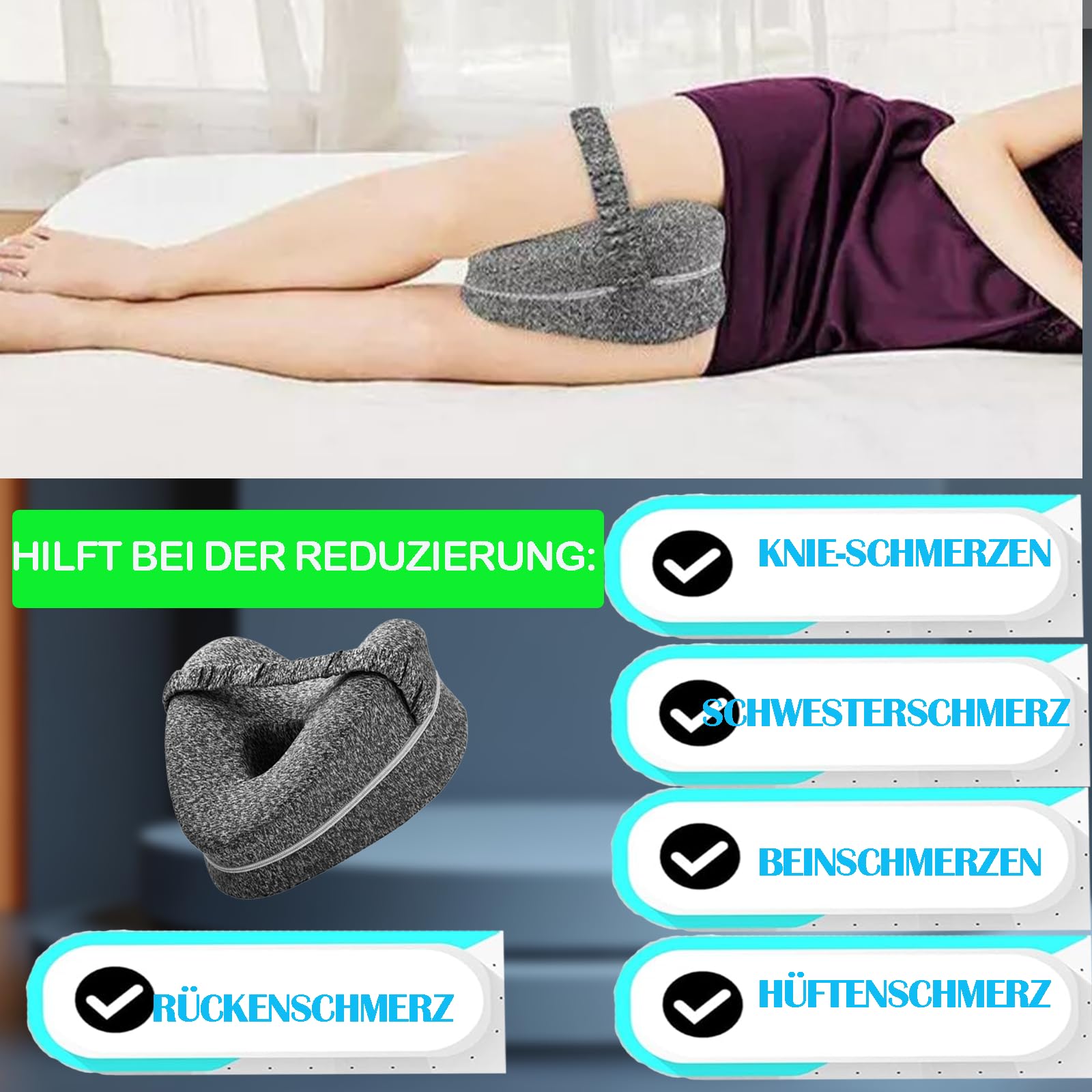 Kniekissen für Seitenschläfer aus Memory Schaum, Grau | Leg Pillow, Für Hüft Rücken Knie-Schmerzen, Schwangerschaft geeignet