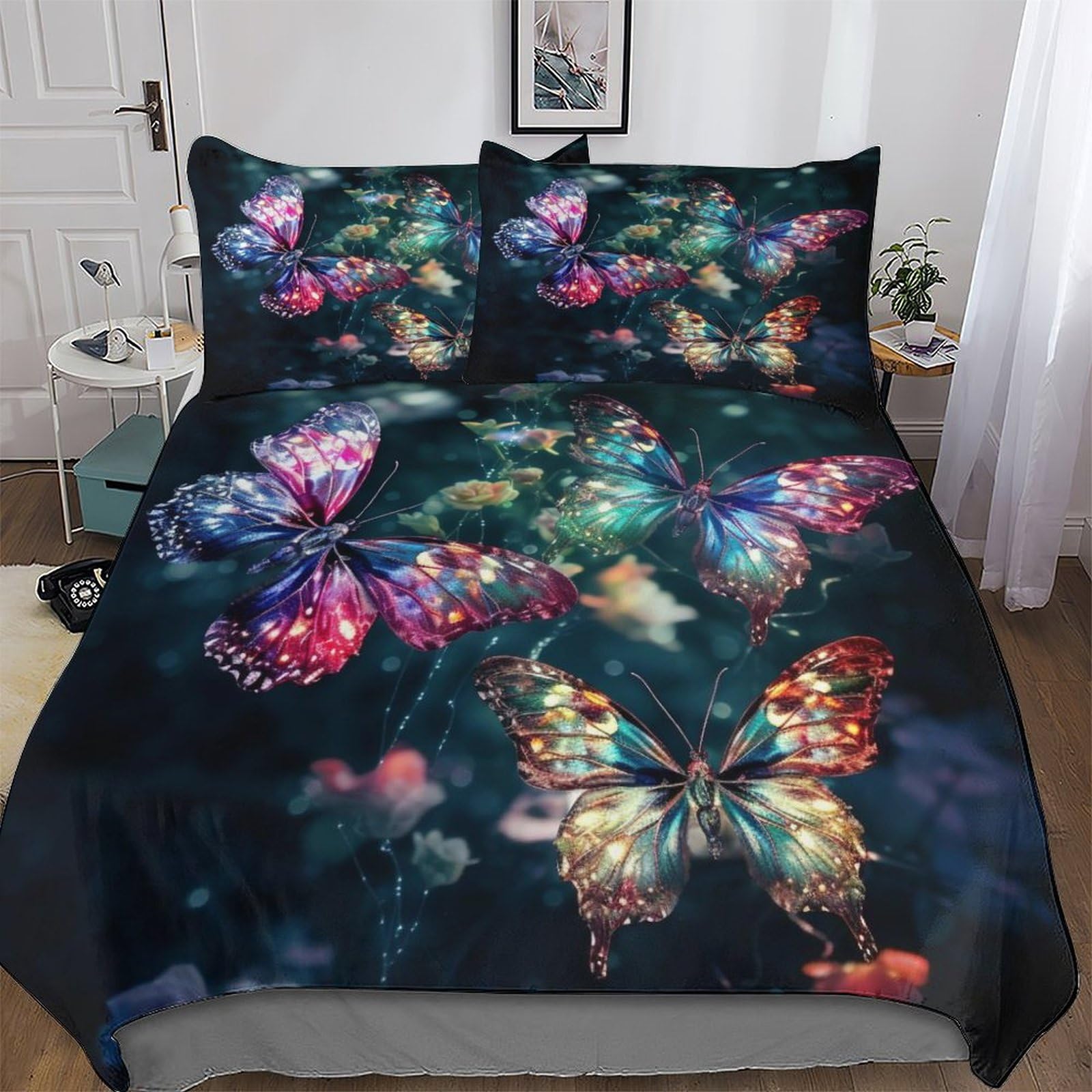 Parure de lit housse de couette 220x240 papillon microfibre lit king avec 2 taies d'oreiller