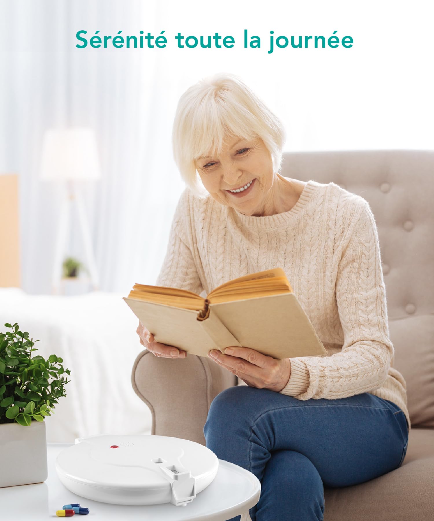 Distributeur électronique de comprimés TabTime Medelert (mode d'emploi en Français), couvercle transparent, automatique, verrouillable. Outil indispensable pour personnes âgées